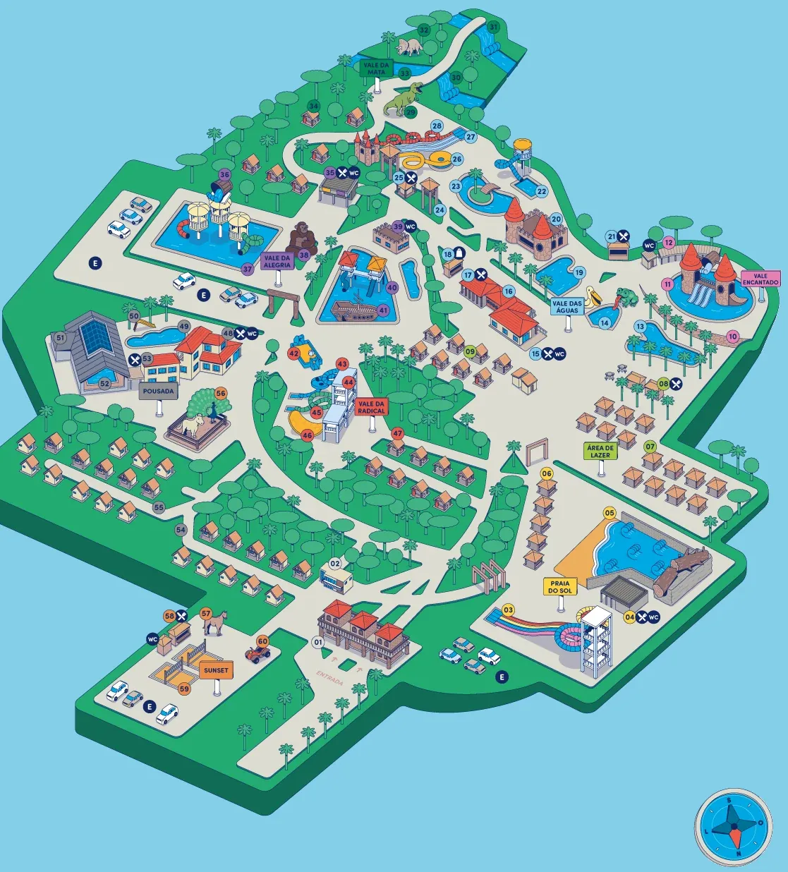Mapa ilustrado do Parque Aquático Por do Sol com as áreas do parque e as atrações numeradas